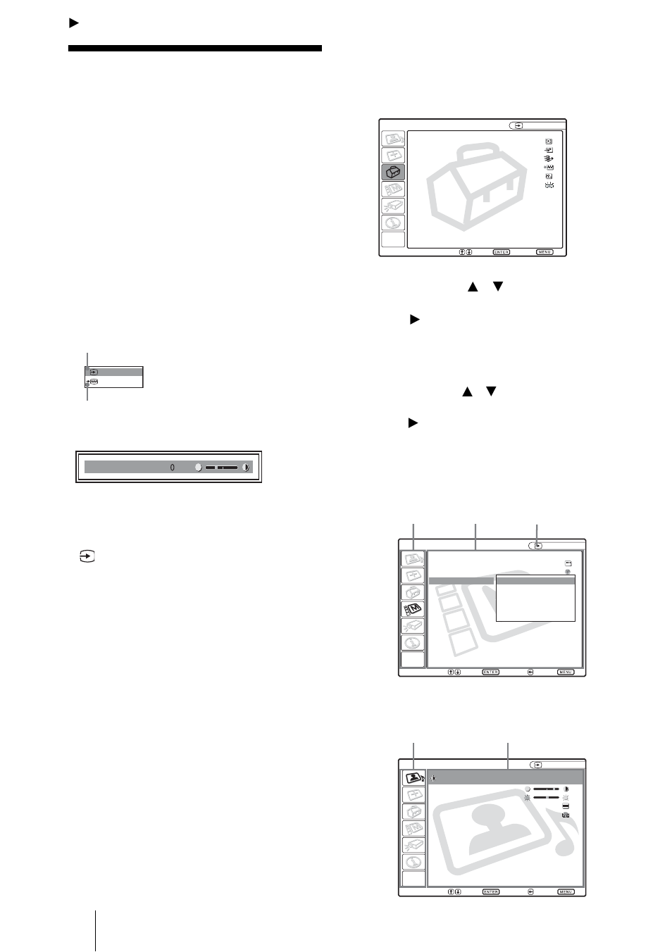 Realización de ajustes mediante el menú, Uso del menu, Pulse la tecla menu | Utilice la tecla, O enter, Seleccione un elemento, Aparecerá el menú seleccionado | Sony VPL-ES1 User Manual | Page 130 / 156