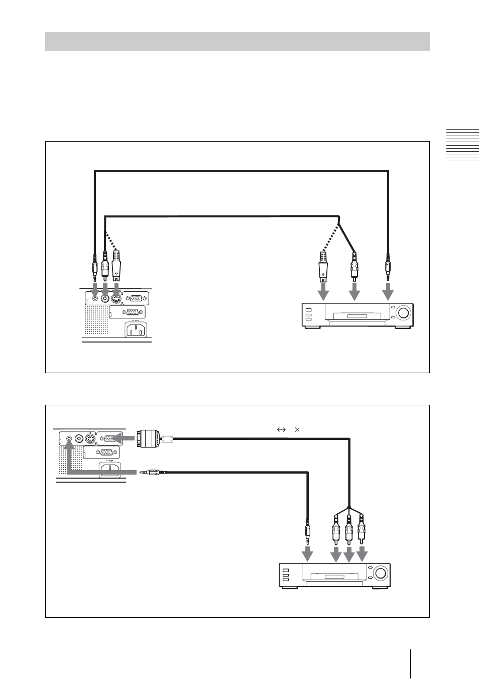 Connecting with a vcr or 15k, Rgb/component equipment, Set ting up and pro jec ti ng | Connecting the projector | Sony VPL-ES1 User Manual | Page 19 / 156