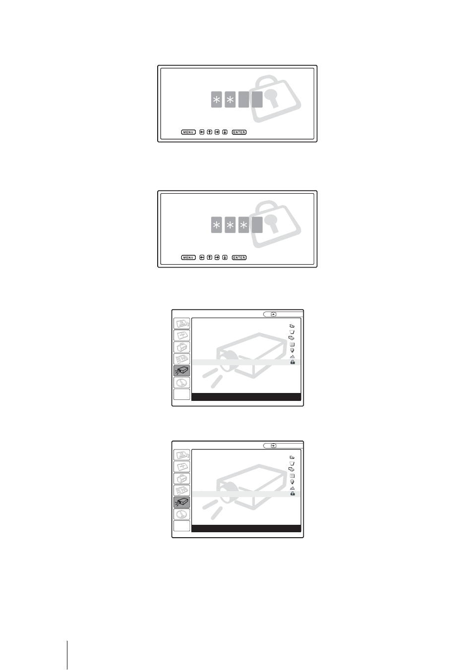 Enter the password again to confirm, The security lock is completed, Projecting | Sony VPL-ES1 User Manual | Page 26 / 156