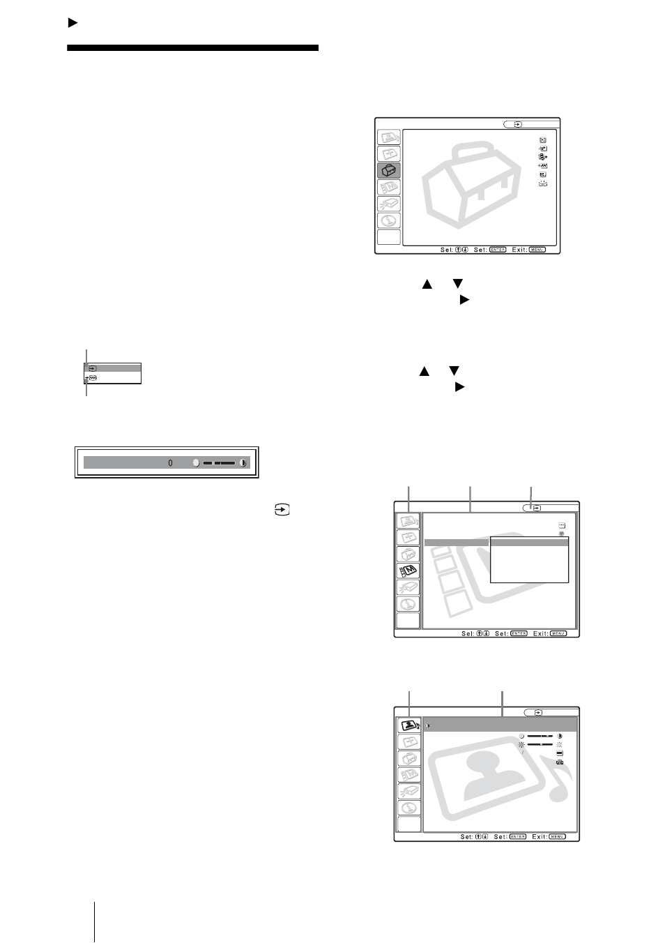 Adjustments and settings using the menu, Using the menu, Press the menu key | Use the, Key to select a menu, then press the, Or enter key, Select an item, The selected menu appears | Sony VPL-ES1 User Manual | Page 30 / 156