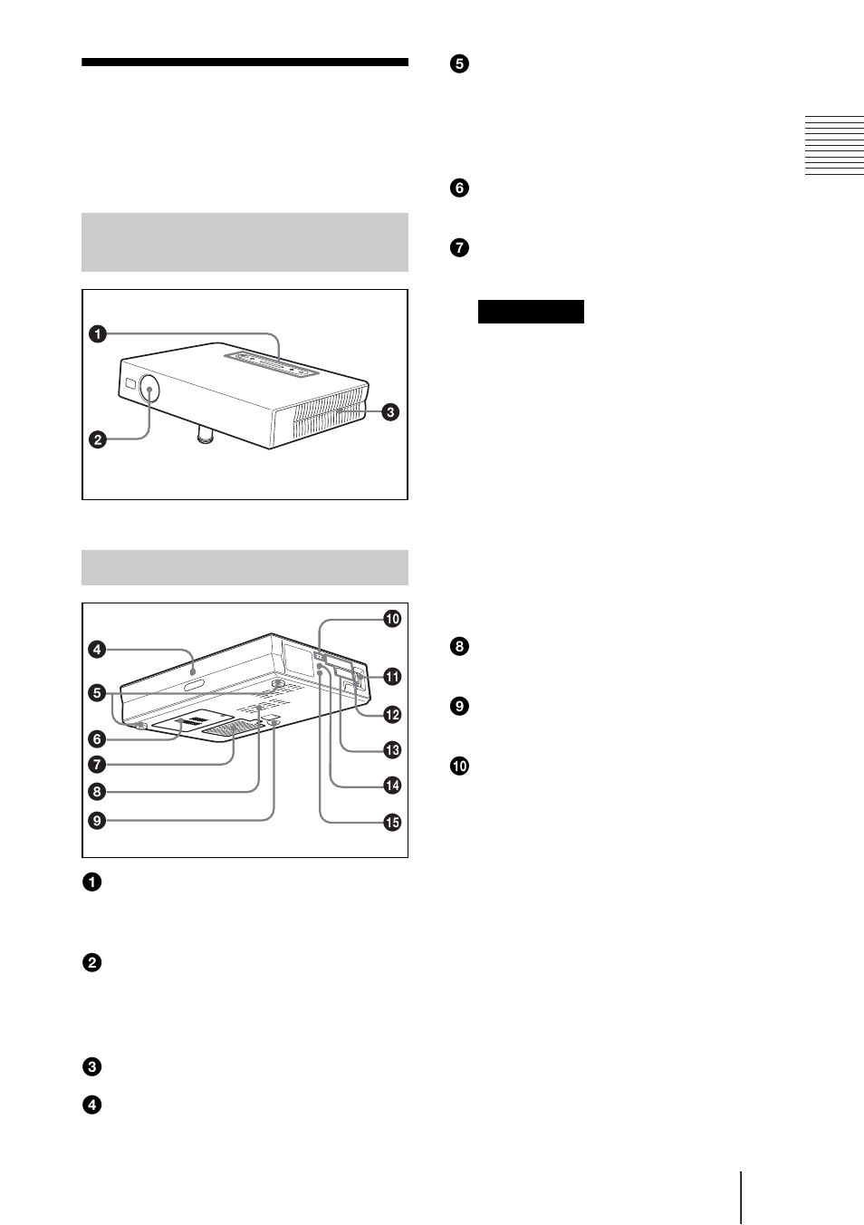 Emplacement et fonction des commandes, Face supérieure/avant/ gauche, Face arrière/droite/inférieure | Sony VPL-ES1 User Manual | Page 61 / 156