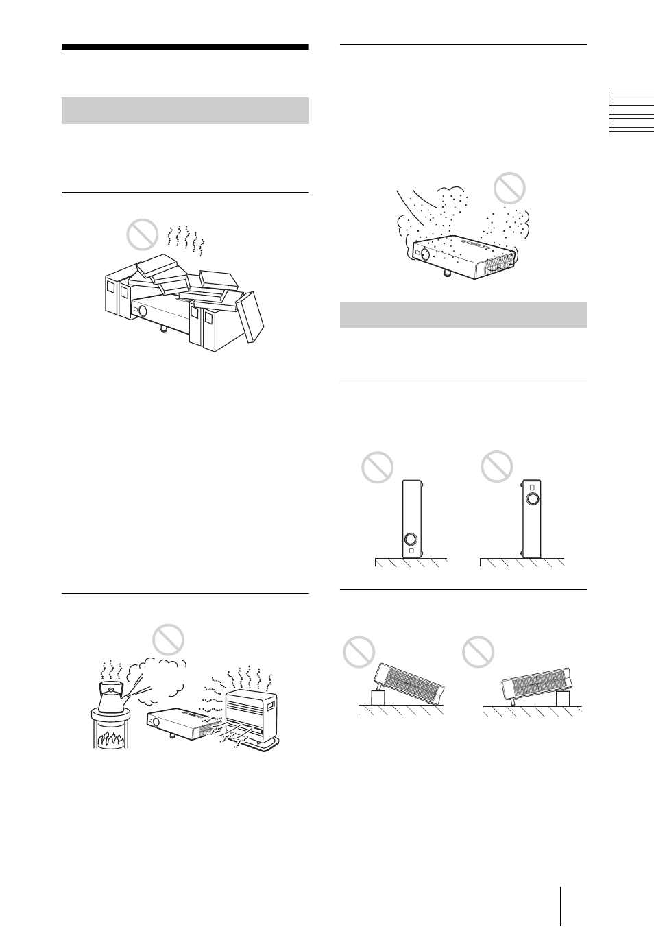 Notes on installation, Unsuitable installation, Unsuitable conditions | Sony VPL-ES1 User Manual | Page 7 / 156