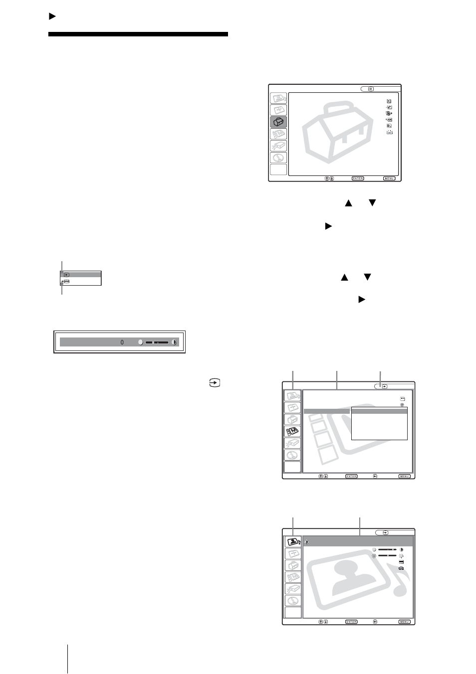 Réglages et paramétrages à l’aide du menu, Utilisation du menu, Appuyez sur la touche menu | Utilisez la touche, Ou enter, Sélectionnez une option de menu, Le menu sélectionné apparaît | Sony VPL-ES1 User Manual | Page 80 / 156