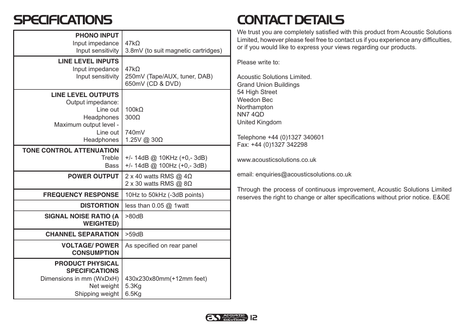 Specifications contact details | Acoustic Solutions SP 101 User Manual | Page 12 / 12