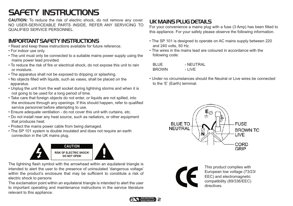 Safety instructions, Important safety instructions, Uk mains plug details | Acoustic Solutions SP 101 User Manual | Page 2 / 12