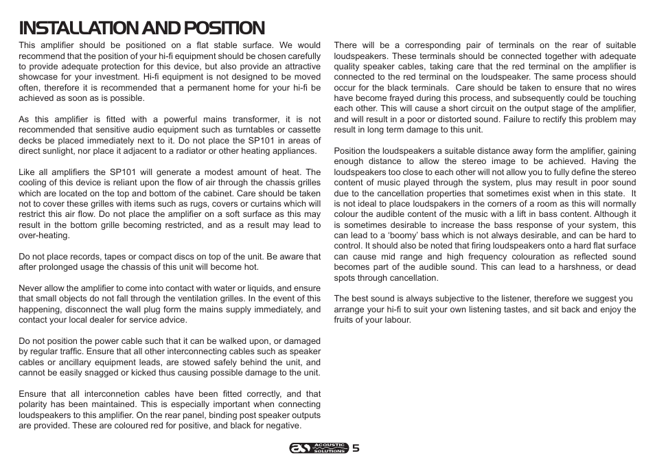 Installation and position | Acoustic Solutions SP 101 User Manual | Page 5 / 12