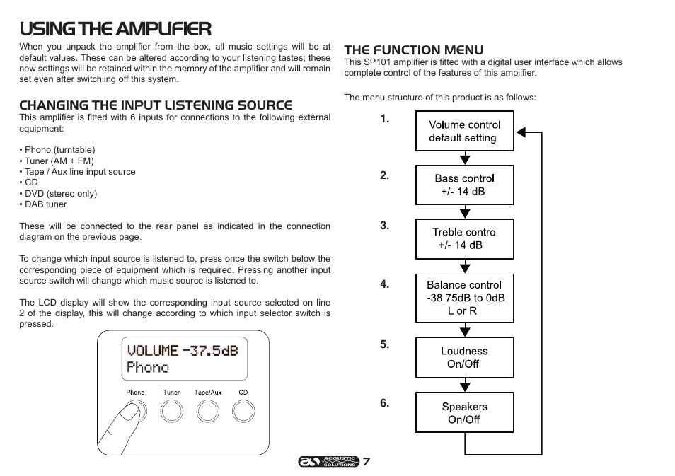 Using the amplifier, Changing the input listening source, The function menu | Acoustic Solutions SP 101 User Manual | Page 7 / 12