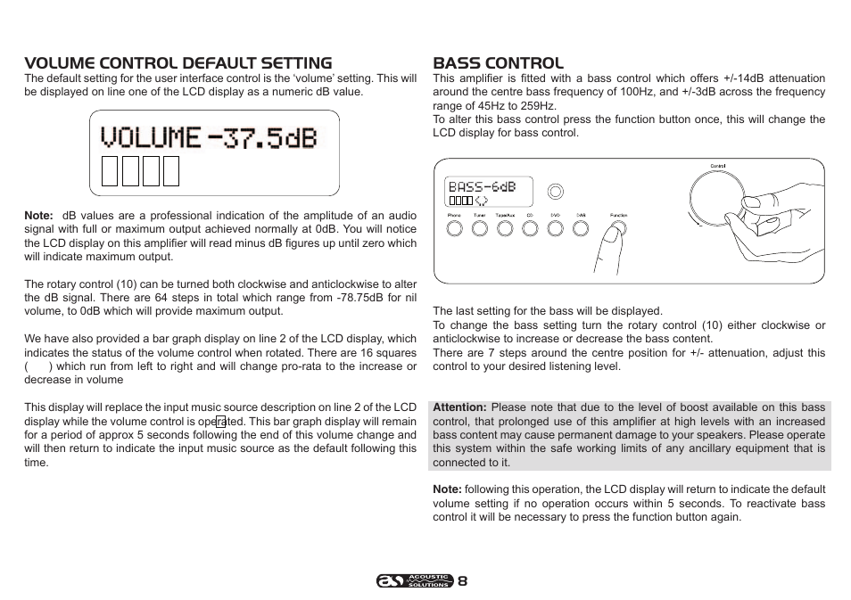 Volume control default setting, Bass control | Acoustic Solutions SP 101 User Manual | Page 8 / 12