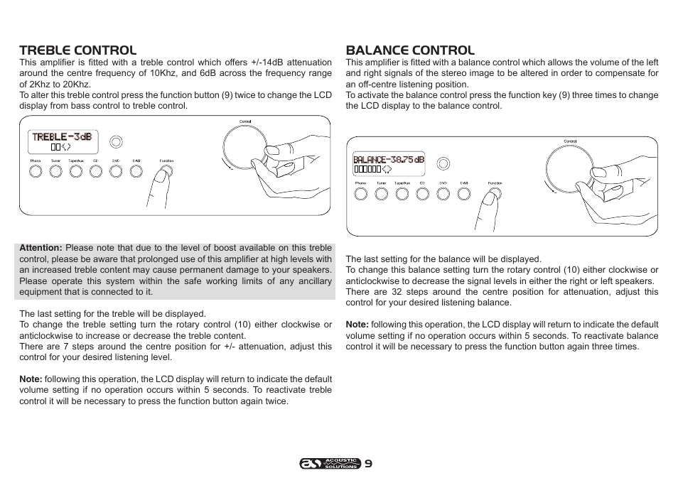 Treble control, Balance control | Acoustic Solutions SP 101 User Manual | Page 9 / 12
