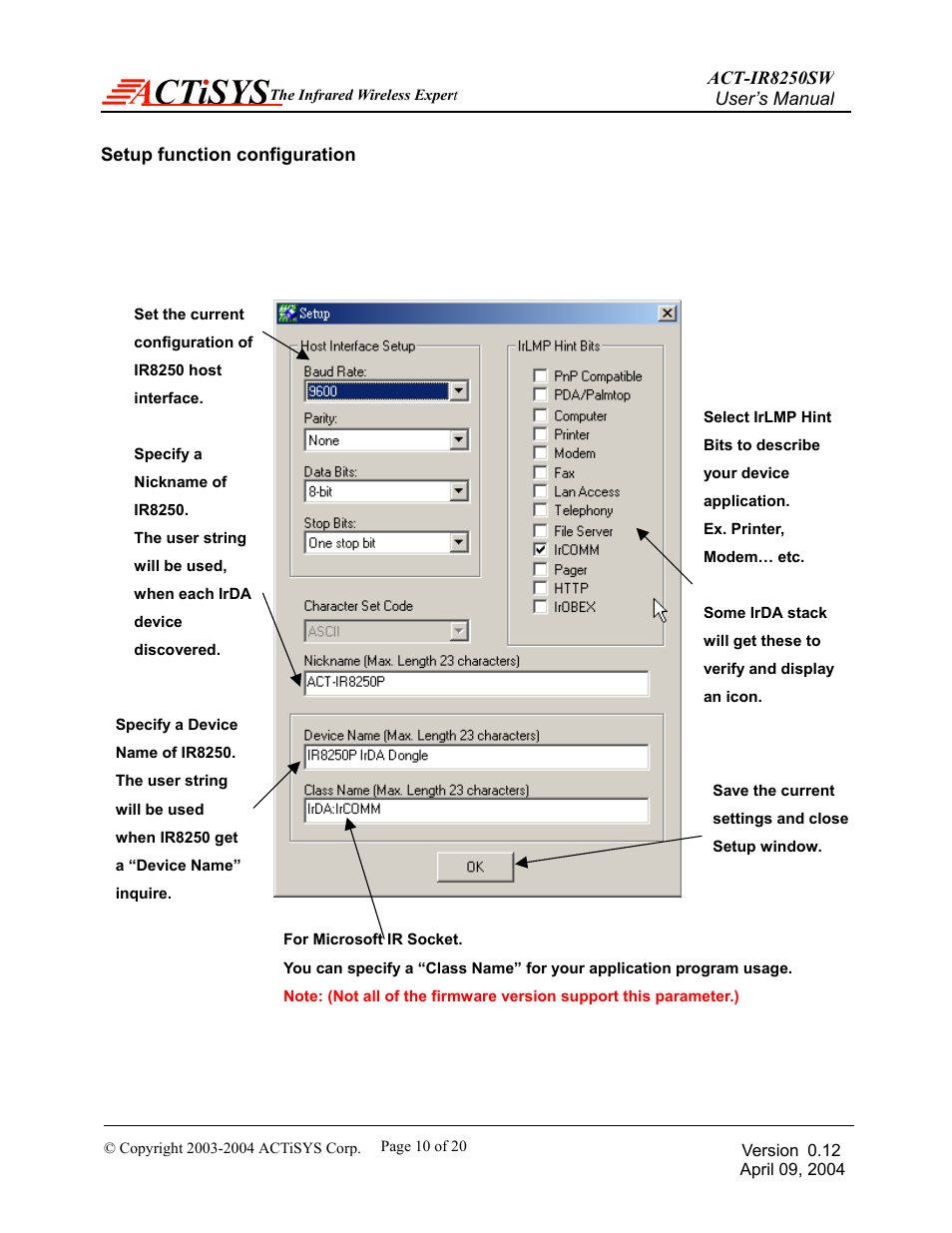 Setup function configuration | ACTiSYS ACT-IR8250SW User Manual | Page 11 / 21
