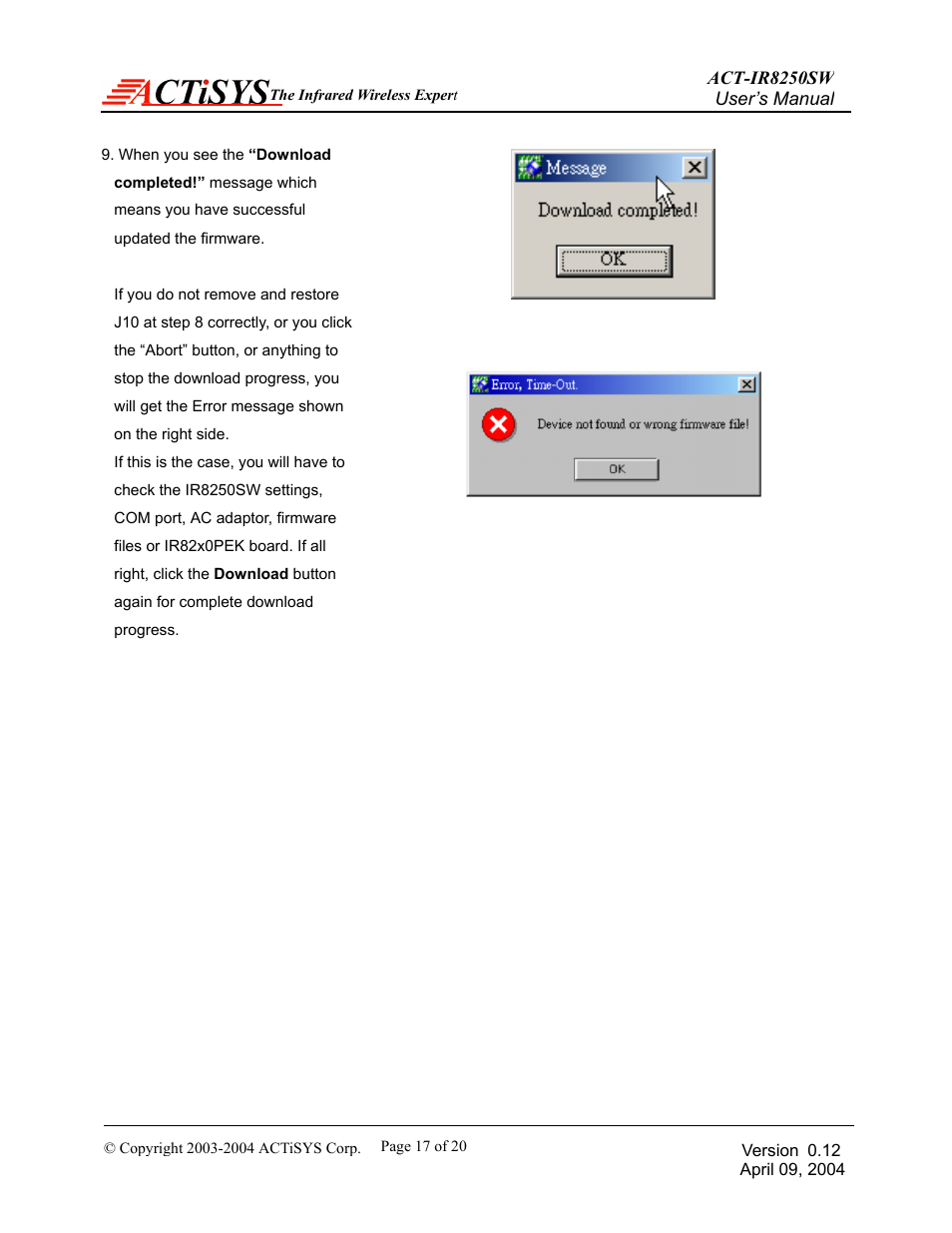 ACTiSYS ACT-IR8250SW User Manual | Page 18 / 21