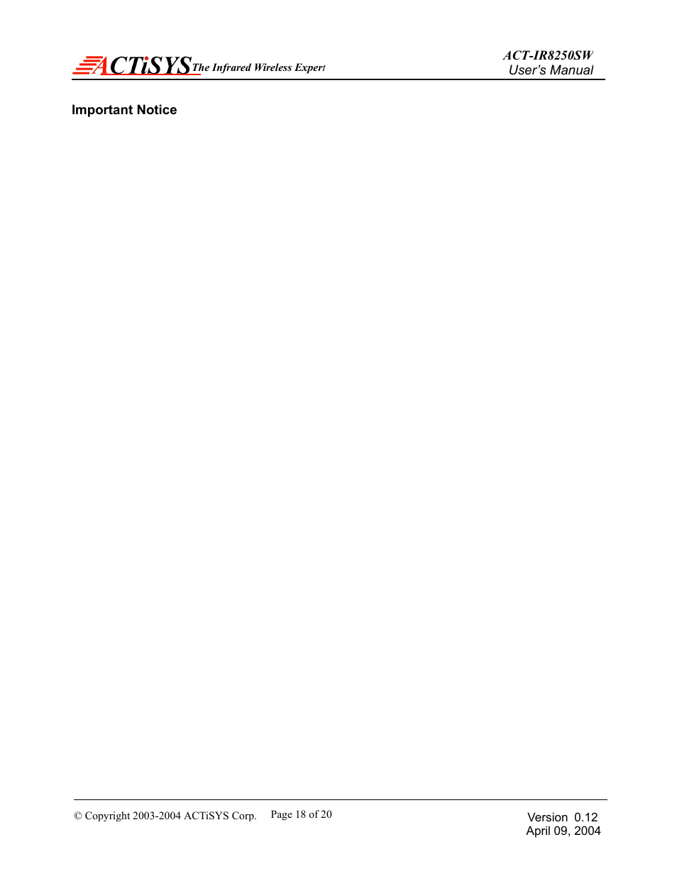 Important notice | ACTiSYS ACT-IR8250SW User Manual | Page 19 / 21