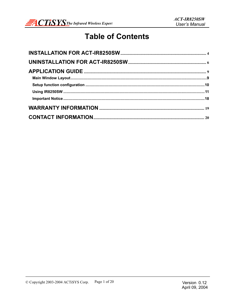 ACTiSYS ACT-IR8250SW User Manual | Page 2 / 21