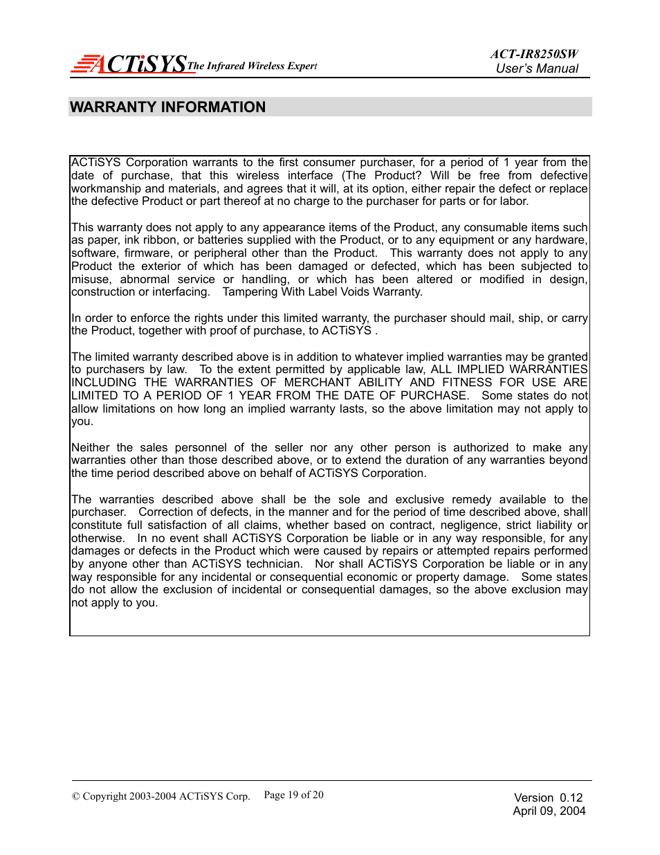 Warranty information | ACTiSYS ACT-IR8250SW User Manual | Page 20 / 21