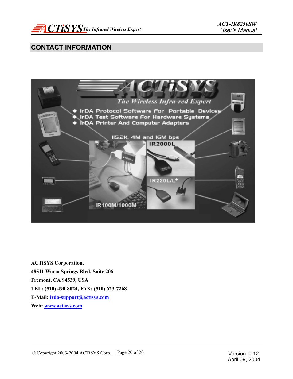 Contact information | ACTiSYS ACT-IR8250SW User Manual | Page 21 / 21
