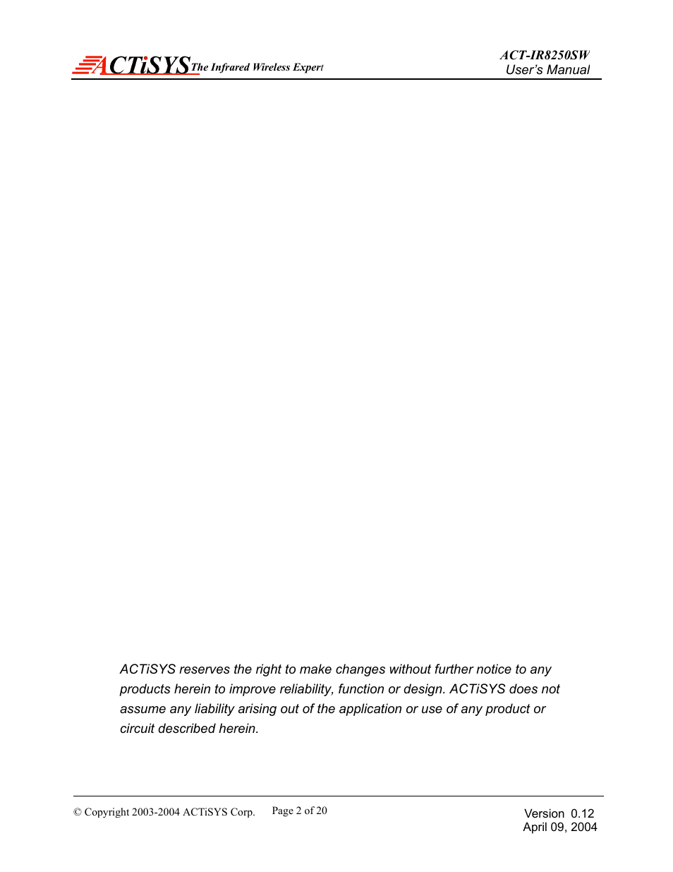 ACTiSYS ACT-IR8250SW User Manual | Page 3 / 21