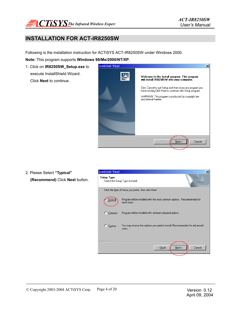 Installation for act-ir8250sw | ACTiSYS ACT-IR8250SW User Manual | Page 5 / 21