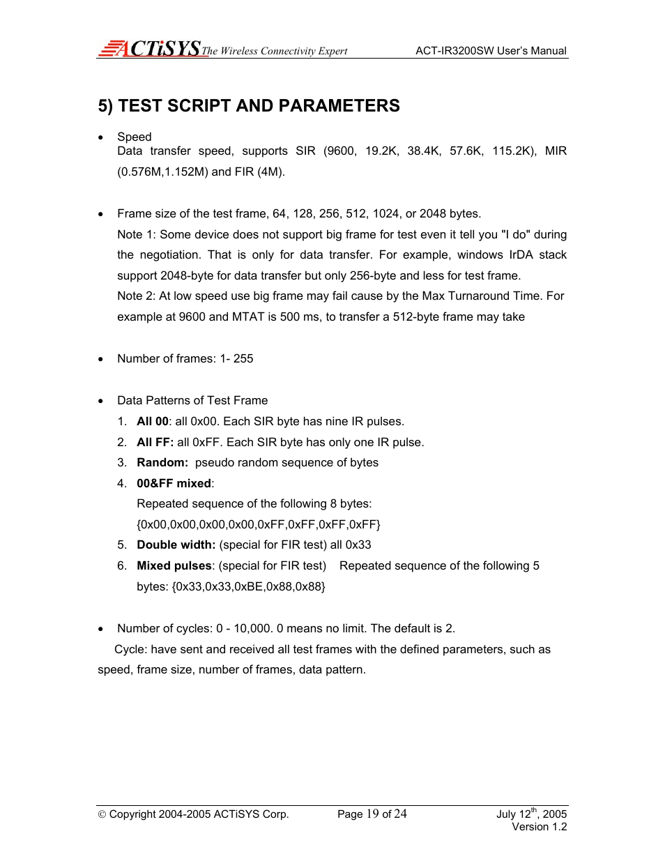 5) test script and parameters | ACTiSYS ACT-IR3200SW User Manual | Page 19 / 24