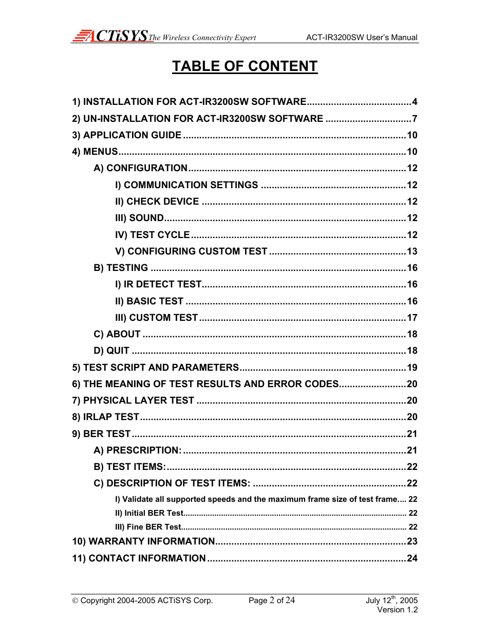 Table of content | ACTiSYS ACT-IR3200SW User Manual | Page 2 / 24