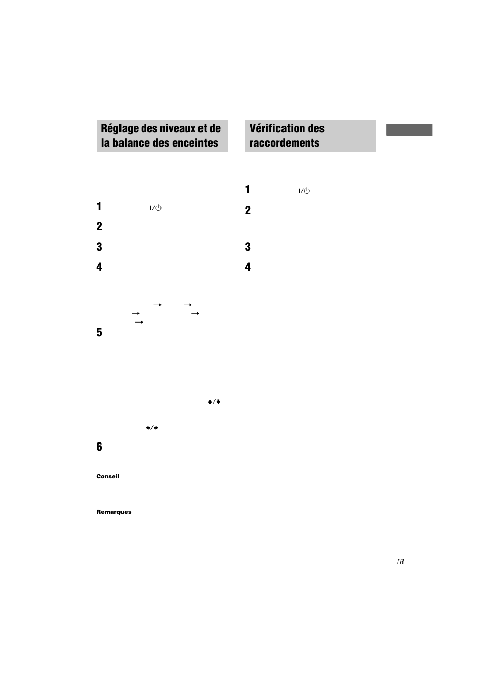 Réglage des niveaux et de la balance des enceintes, Test tone, Vérification des raccordements | Réglage des niveaux et de la balance des, Enceintes — test tone | Sony STR-LV500 User Manual | Page 11 / 72