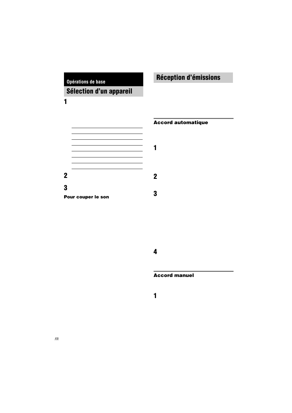 Opérations de base, Sélection d’un appareil, Réception d’émissions | Sélection d’un appareil réception d’émissions | Sony STR-LV500 User Manual | Page 12 / 72