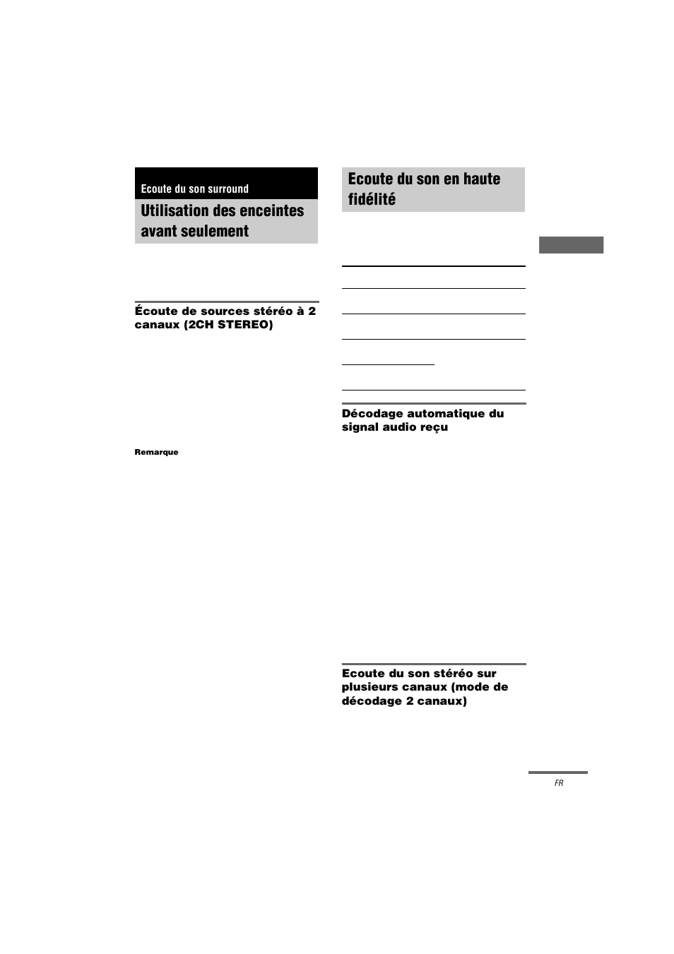 Ecoute du son surround, Utilisation des enceintes avant seulement, Ecoute du son en haute fidélité | Auto format direct, Utilisation des enceintes avant, Seulement | Sony STR-LV500 User Manual | Page 17 / 72