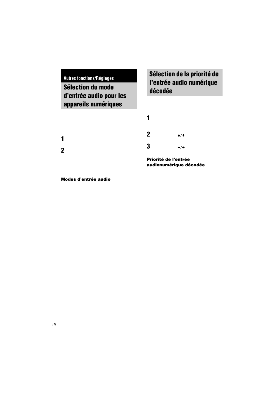 Autres fonctions/réglages, Input mode, Sélection du mode d’entrée audio pour les | Appareils numériques — input mode, Sélection de la priorité de l’entrée audio, Numérique décodée | Sony STR-LV500 User Manual | Page 20 / 72