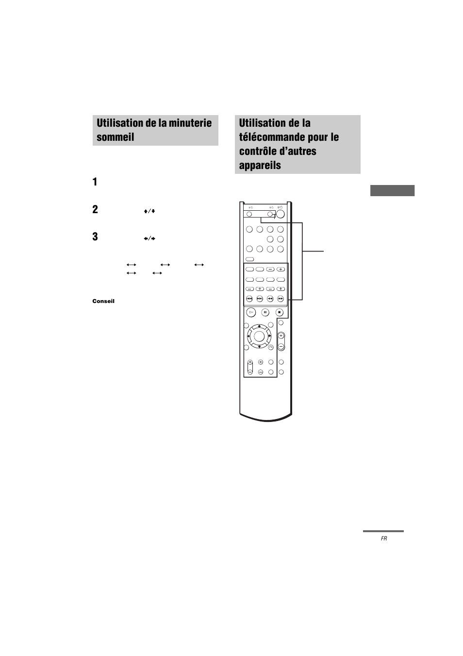 Utilisation de la minuterie sommeil, Contrôle d’autres appareils, Au tres f o nctions/régla g es | Appuyez sur b/b pour sélectionner le temps, Voir page suivante | Sony STR-LV500 User Manual | Page 21 / 72