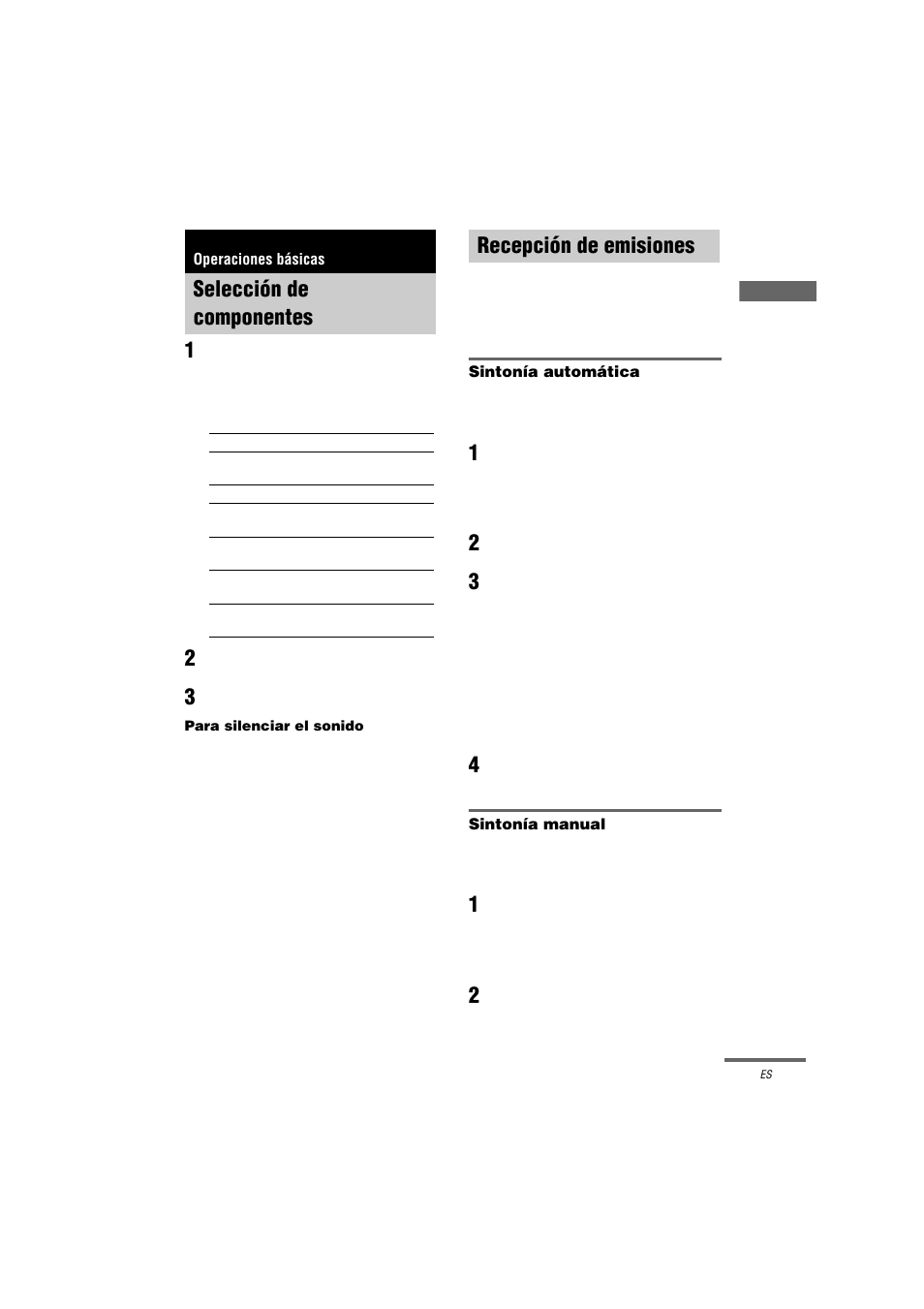 Operaciones básicas, Selección de componentes, Recepción de emisiones | Selección de componentes recepción de emisiones | Sony STR-LV500 User Manual | Page 47 / 72