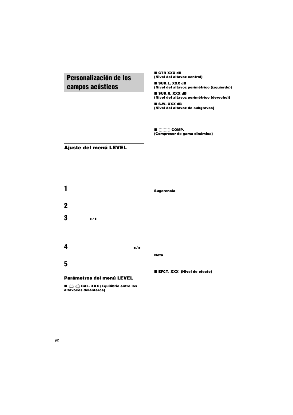 Personalización de los campos acústicos, Personalización de los campos, Acústicos | Sony STR-LV500 User Manual | Page 62 / 72