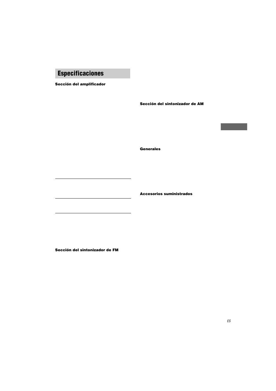 Especificaciones | Sony STR-LV500 User Manual | Page 67 / 72