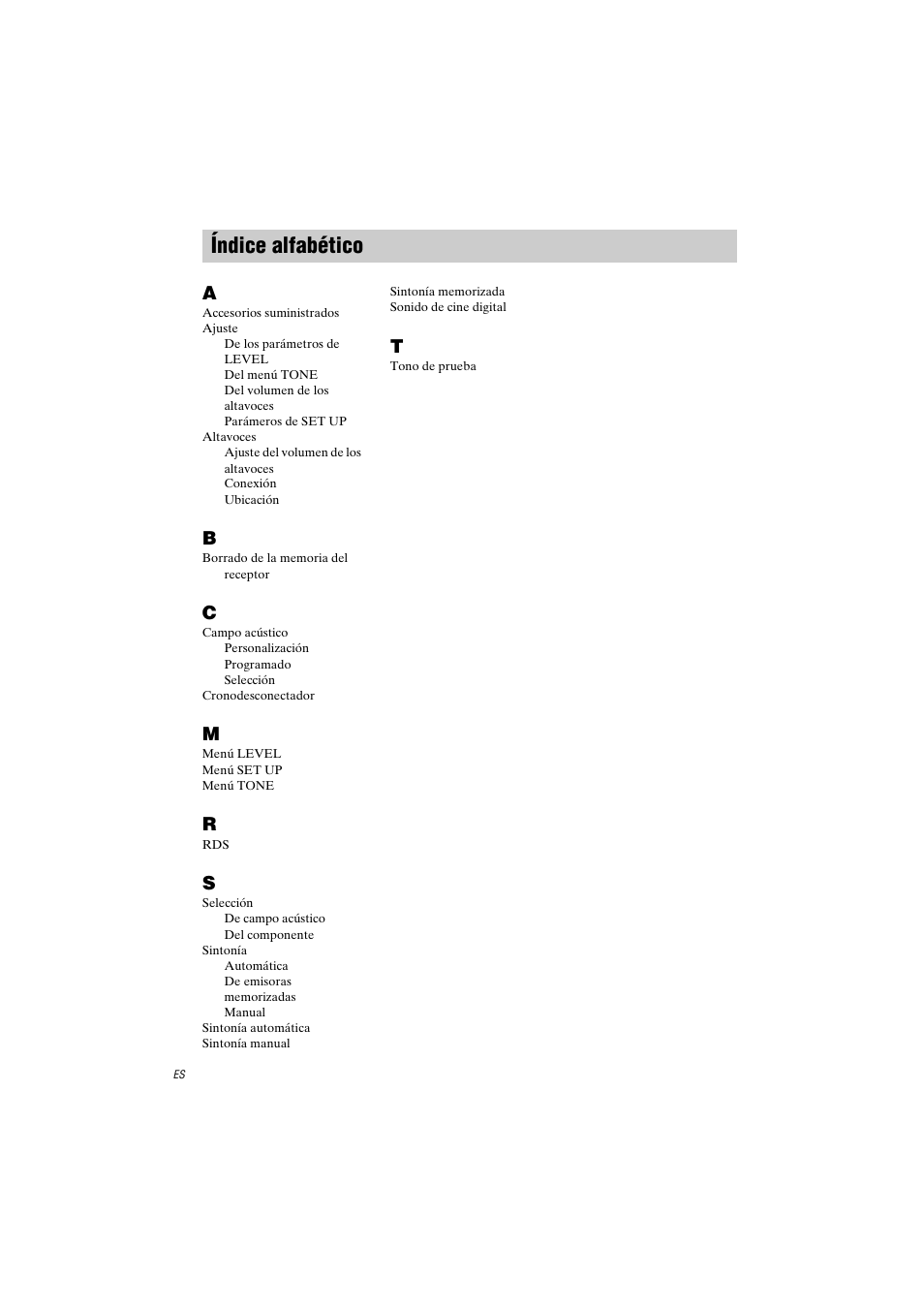 Índice alfabético | Sony STR-LV500 User Manual | Page 70 / 72