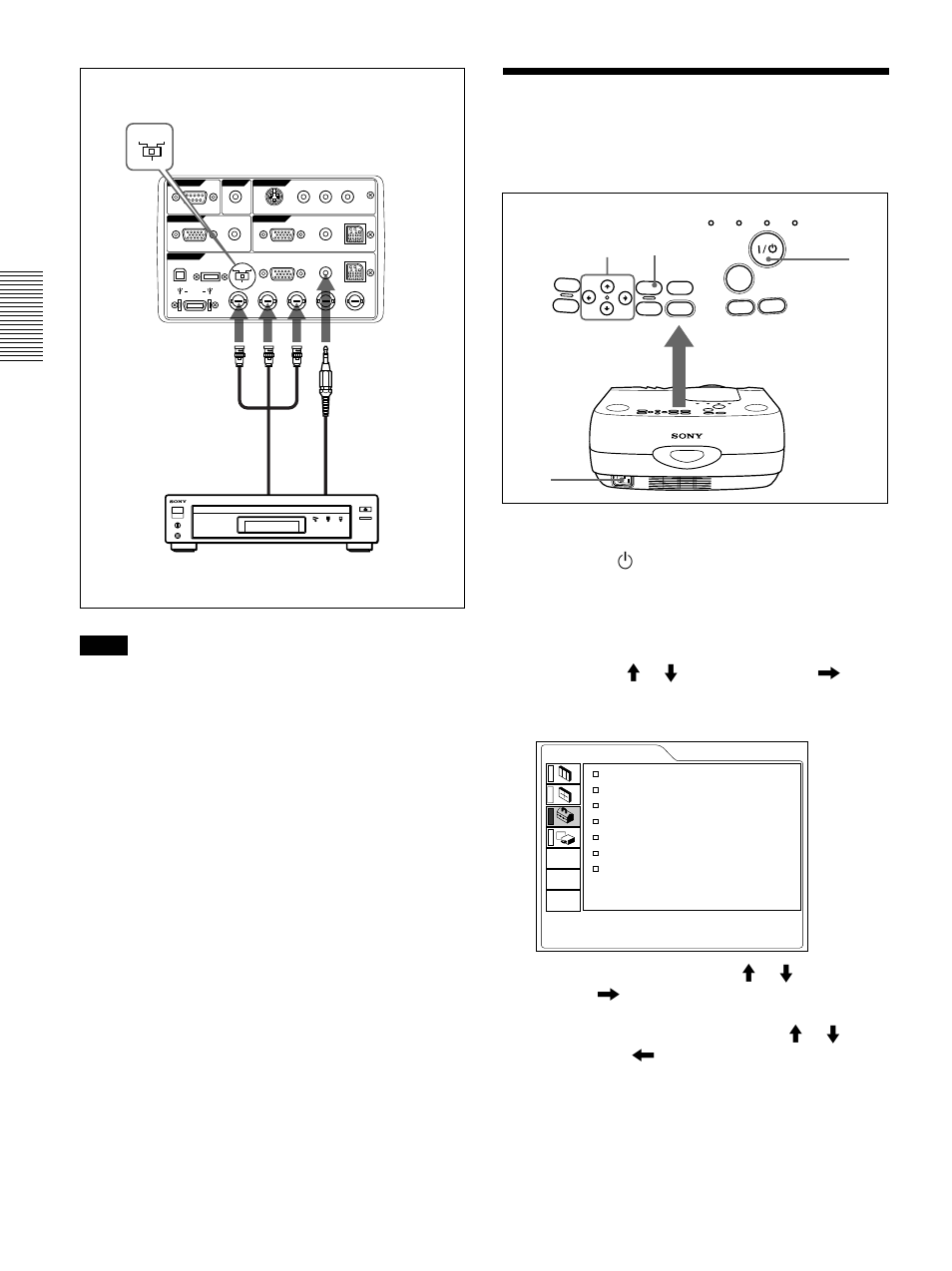 Selecting the menu language, Plug the ac power cord into the wall outlet, Press the i / 1 key to turn on the power | Press the menu key. the menu display appears | Sony VPL-PX30 User Manual | Page 18 / 124