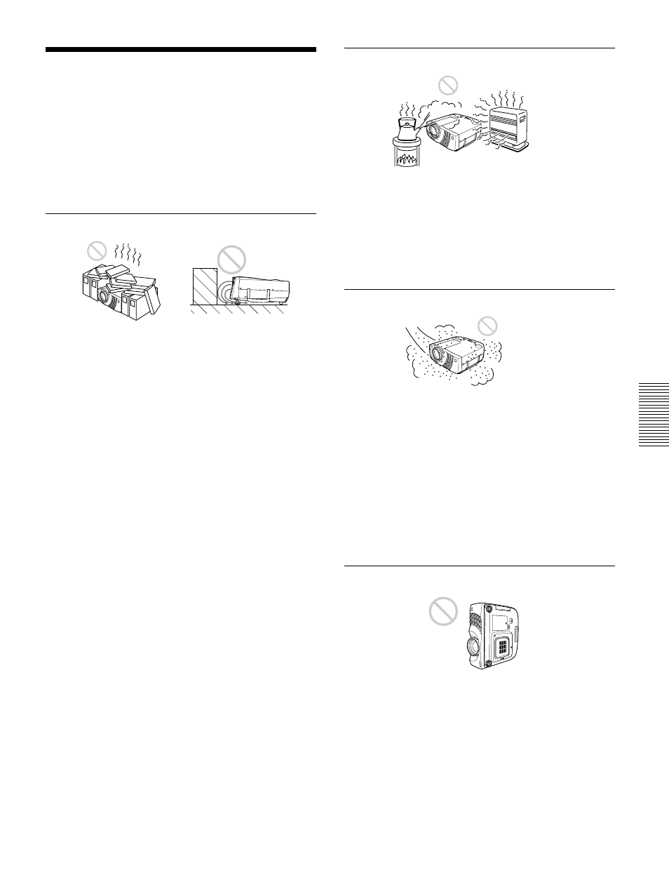 Conseils dﾕinstallation, Installation d残onseill仔, Remarques concernant lﾕinstallation | Conseils d’installation, Installation déconseillée, Remarques concernant l’installation | Sony VPL-PX30 User Manual | Page 71 / 124