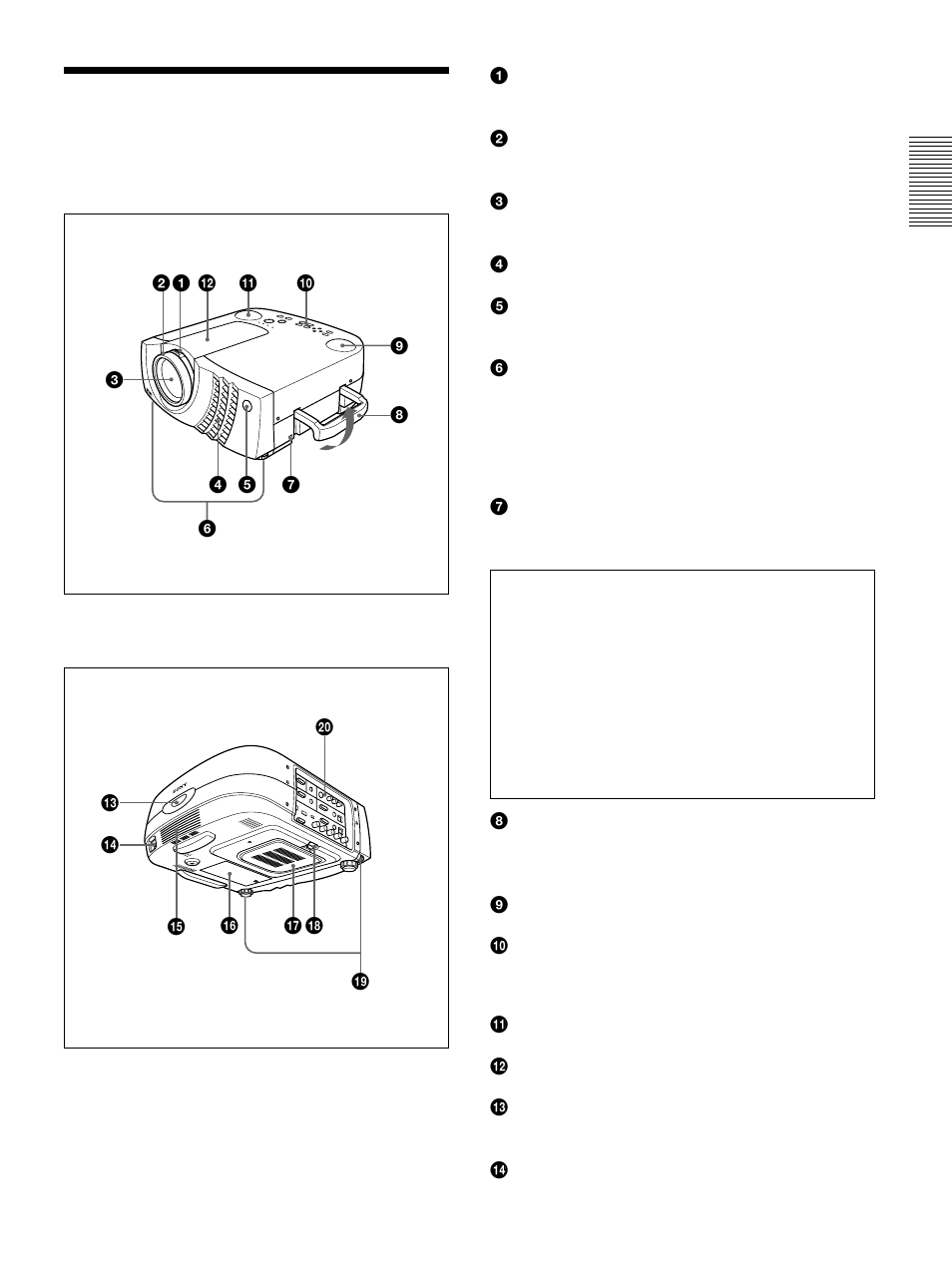 Ubicaci溶 y funci溶 de los controles, Parte frontal/izquierda, Parte posterior/derecha/inferior | Ubicación y función de los controles | Sony VPL-PX30 User Manual | Page 89 / 124