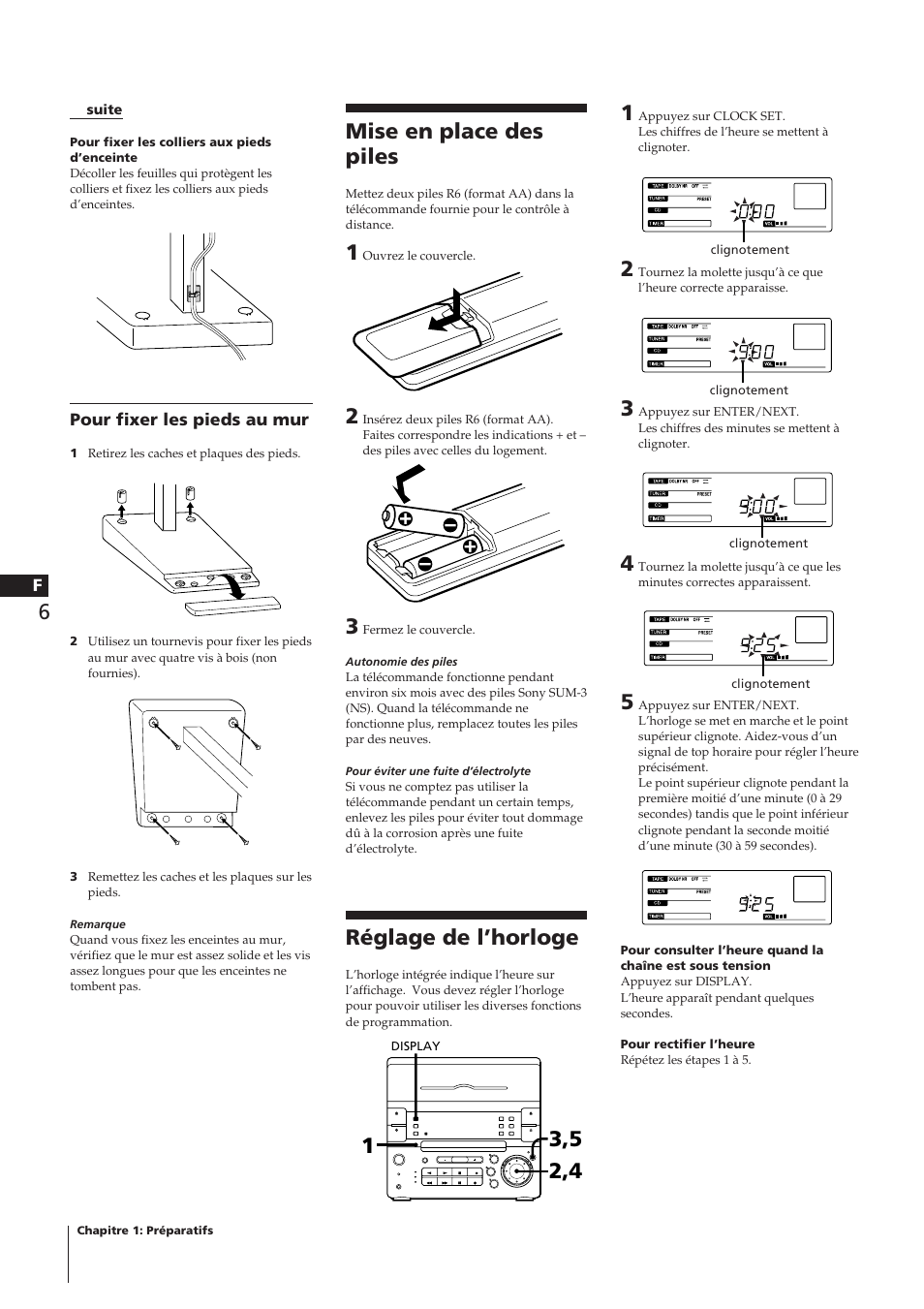 Mise en place des piles, Réglage de l’horloge | Sony CHC-P33D User Manual | Page 11 / 33