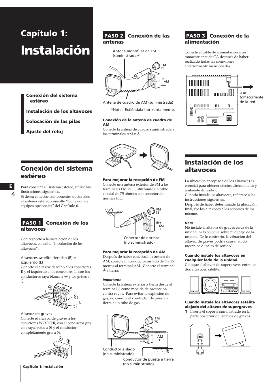 Instalación, Capítulo 1, Conexión del sistema estéreo | Instalación de los altavoces | Sony CHC-P33D User Manual | Page 17 / 33