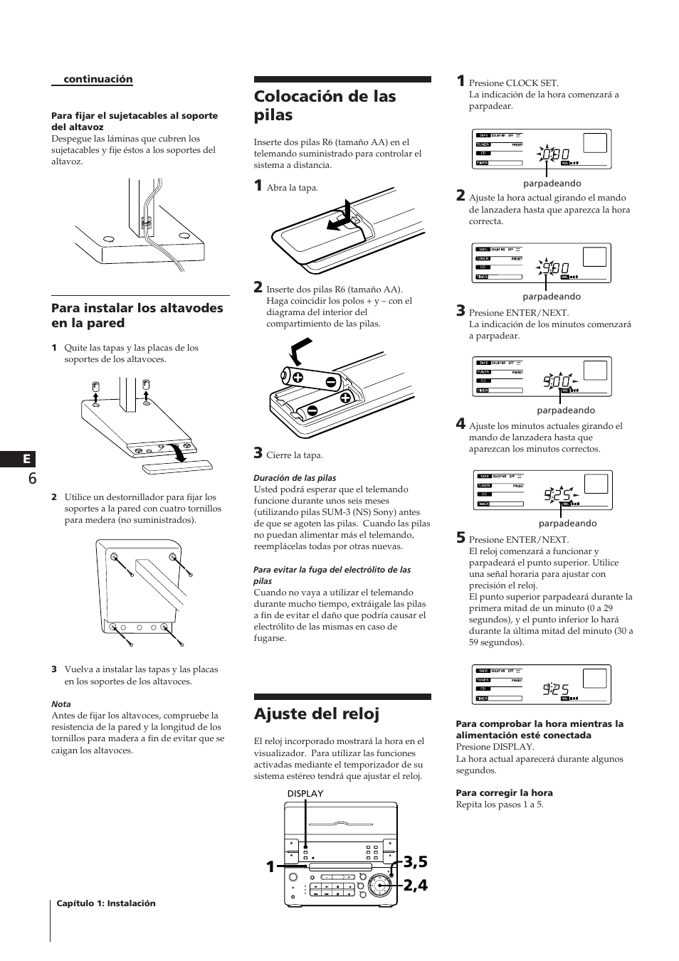 Colocación de las pilas, Ajuste del reloj | Sony CHC-P33D User Manual | Page 19 / 33