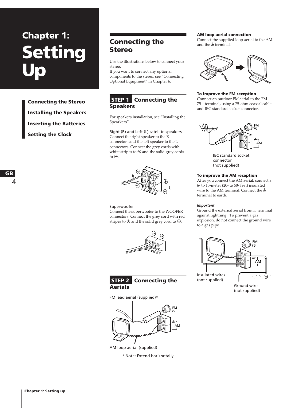 Setting up, Chapter 1, Connecting the stereo | Sony CHC-P33D User Manual | Page 2 / 33