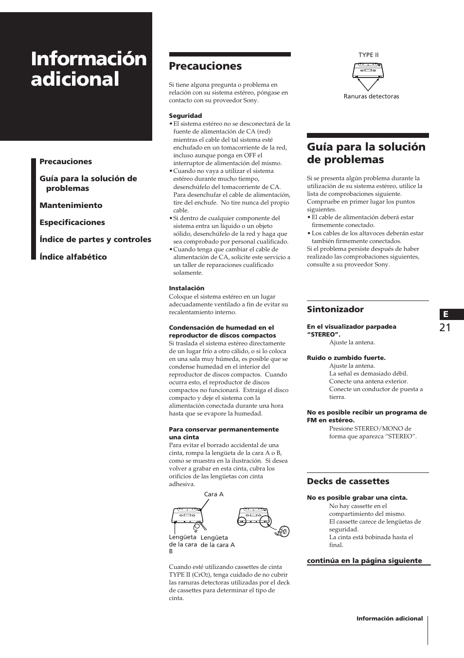 Información adicional, Precauciones, Guía para la solución de problemas | Sony CHC-P33D User Manual | Page 20 / 33