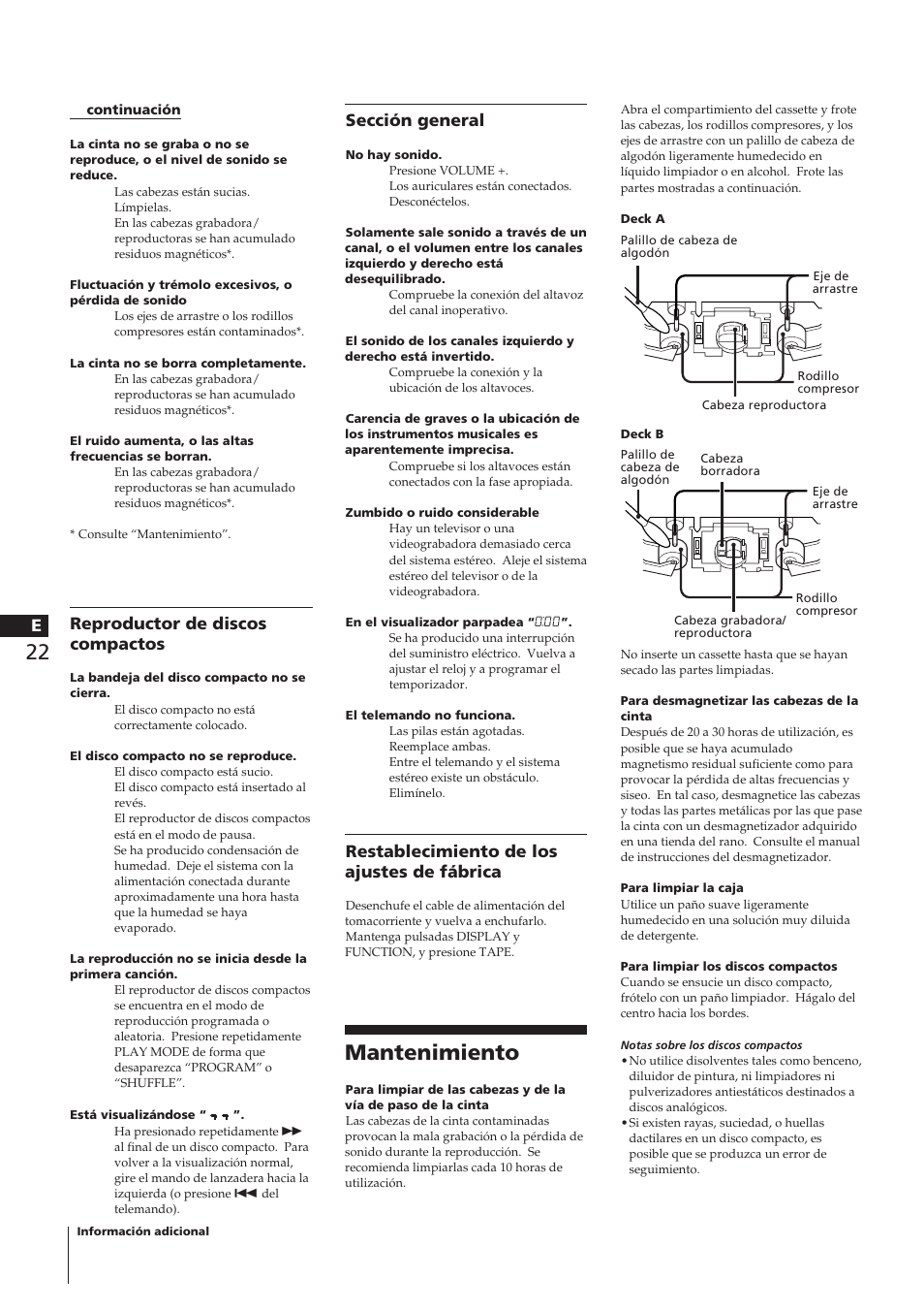 Mantenimiento, Reproductor de discos compactos, Sección general | Restablecimiento de los ajustes de fábrica | Sony CHC-P33D User Manual | Page 21 / 33