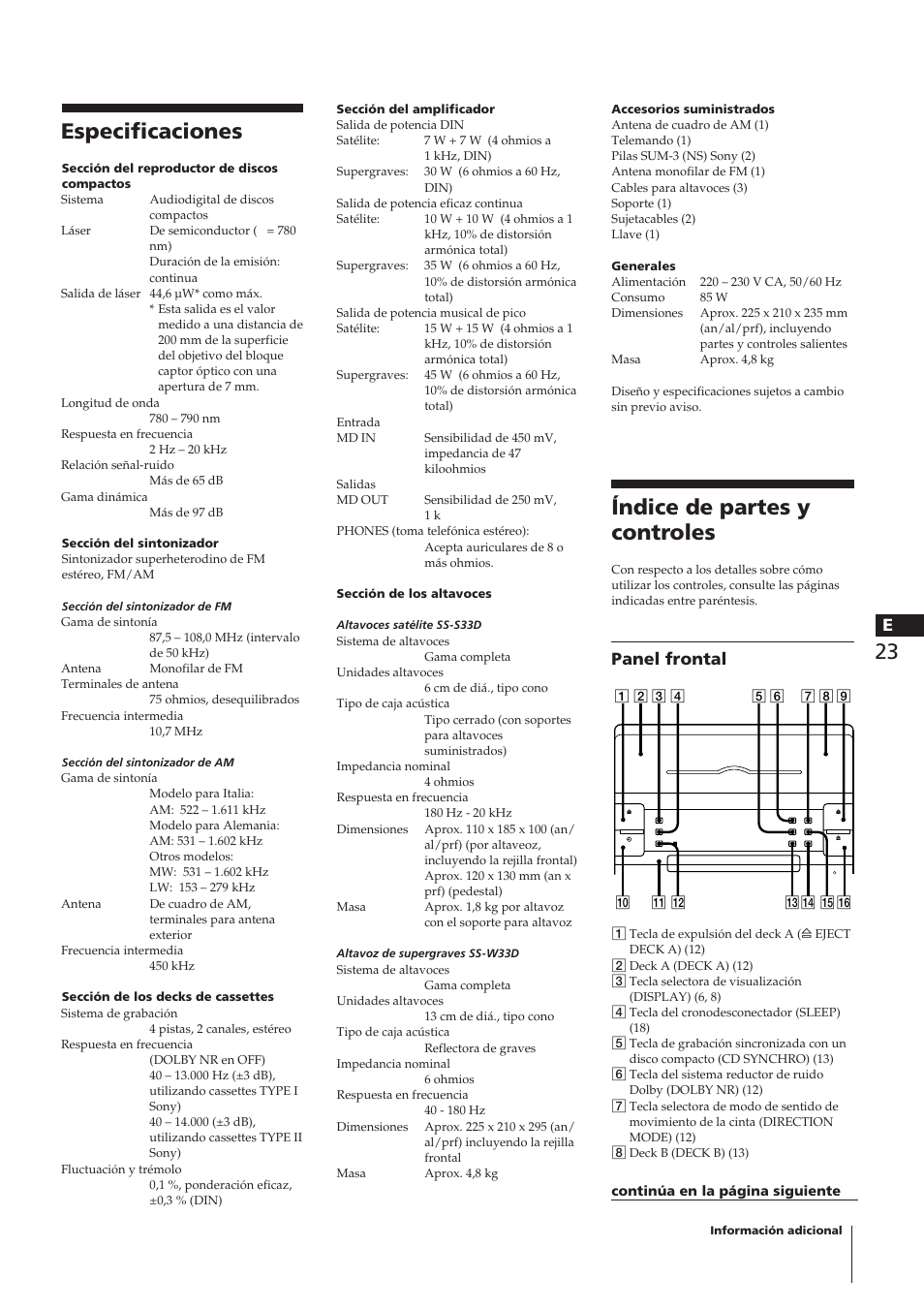 Especificaciones, Índice de partes y controles, Panel frontal | Sony CHC-P33D User Manual | Page 22 / 33