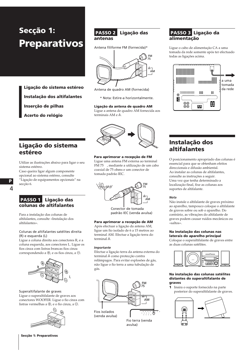 Preparativos, Secção 1, Ligação do sistema estéreo | Instalação dos altifalantes | Sony CHC-P33D User Manual | Page 25 / 33