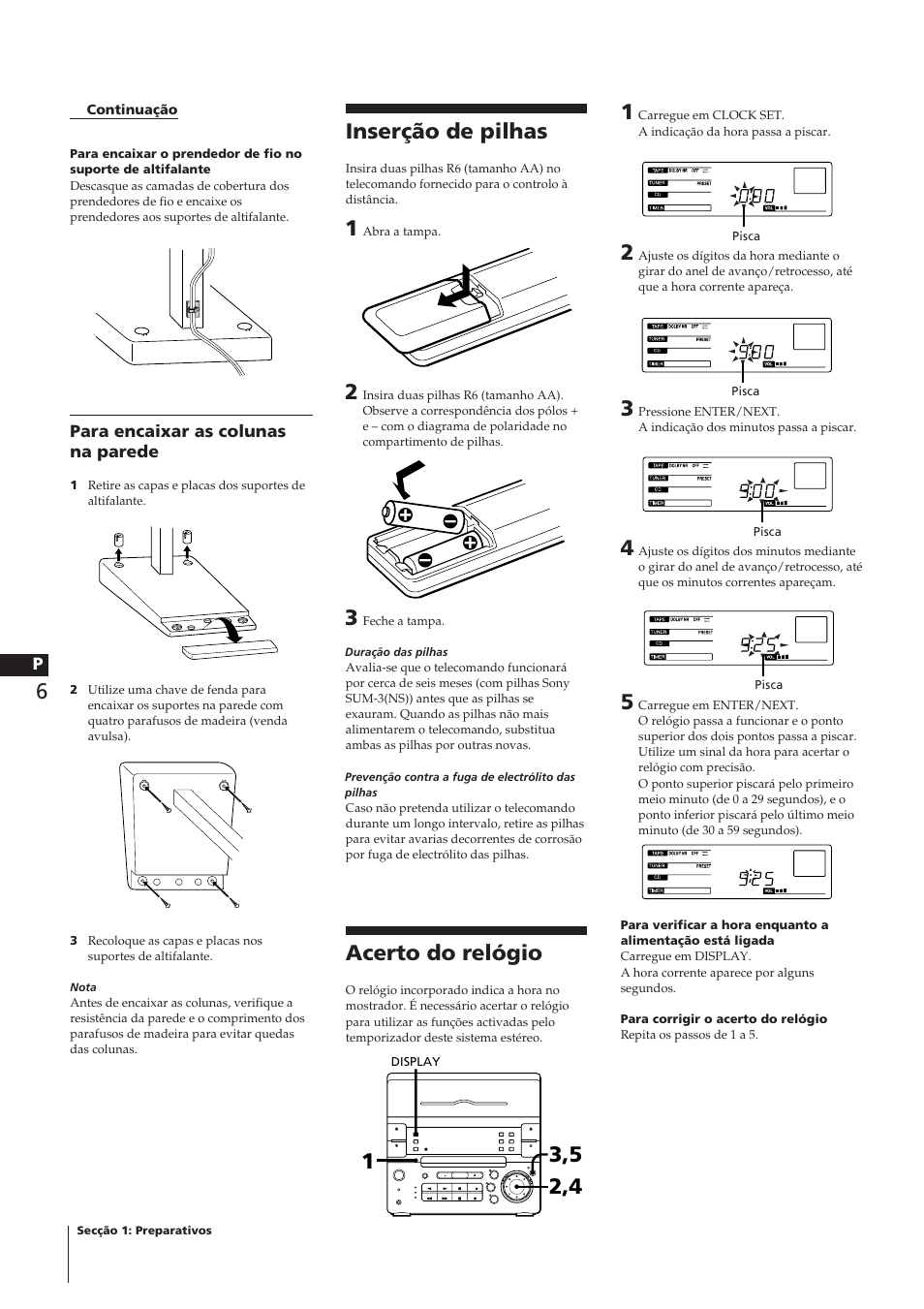 Acerto do relógio, Inserção de pilhas | Sony CHC-P33D User Manual | Page 27 / 33