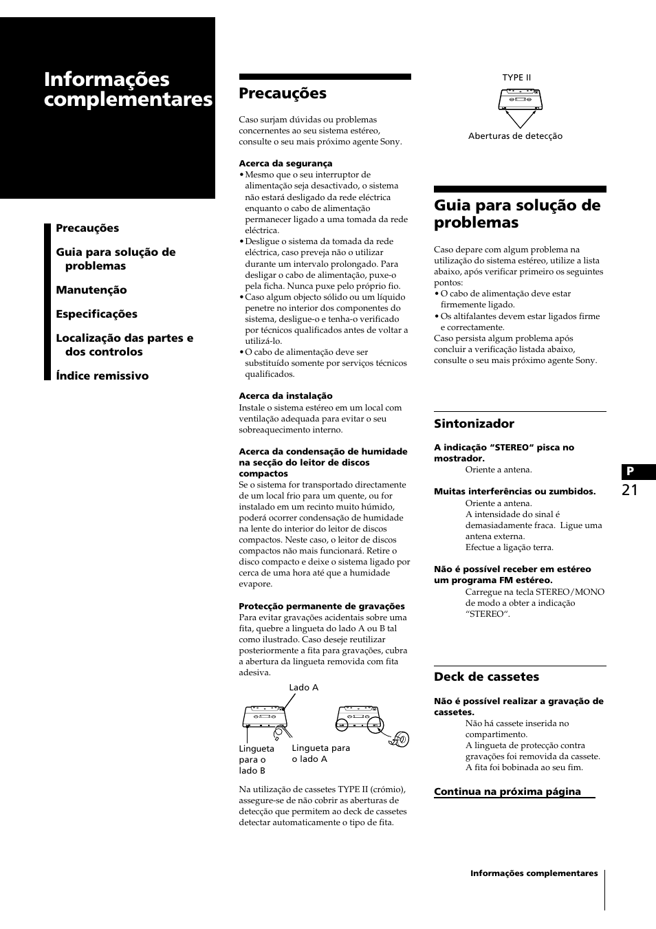 Informações complementares, Guia para solução de problemas, Precauções | Sony CHC-P33D User Manual | Page 28 / 33