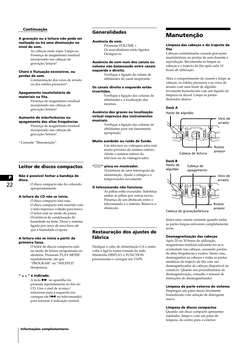 Manutenção, Generalidades, Restauração dos ajustes de fábrica | Leitor de discos compactos | Sony CHC-P33D User Manual | Page 29 / 33