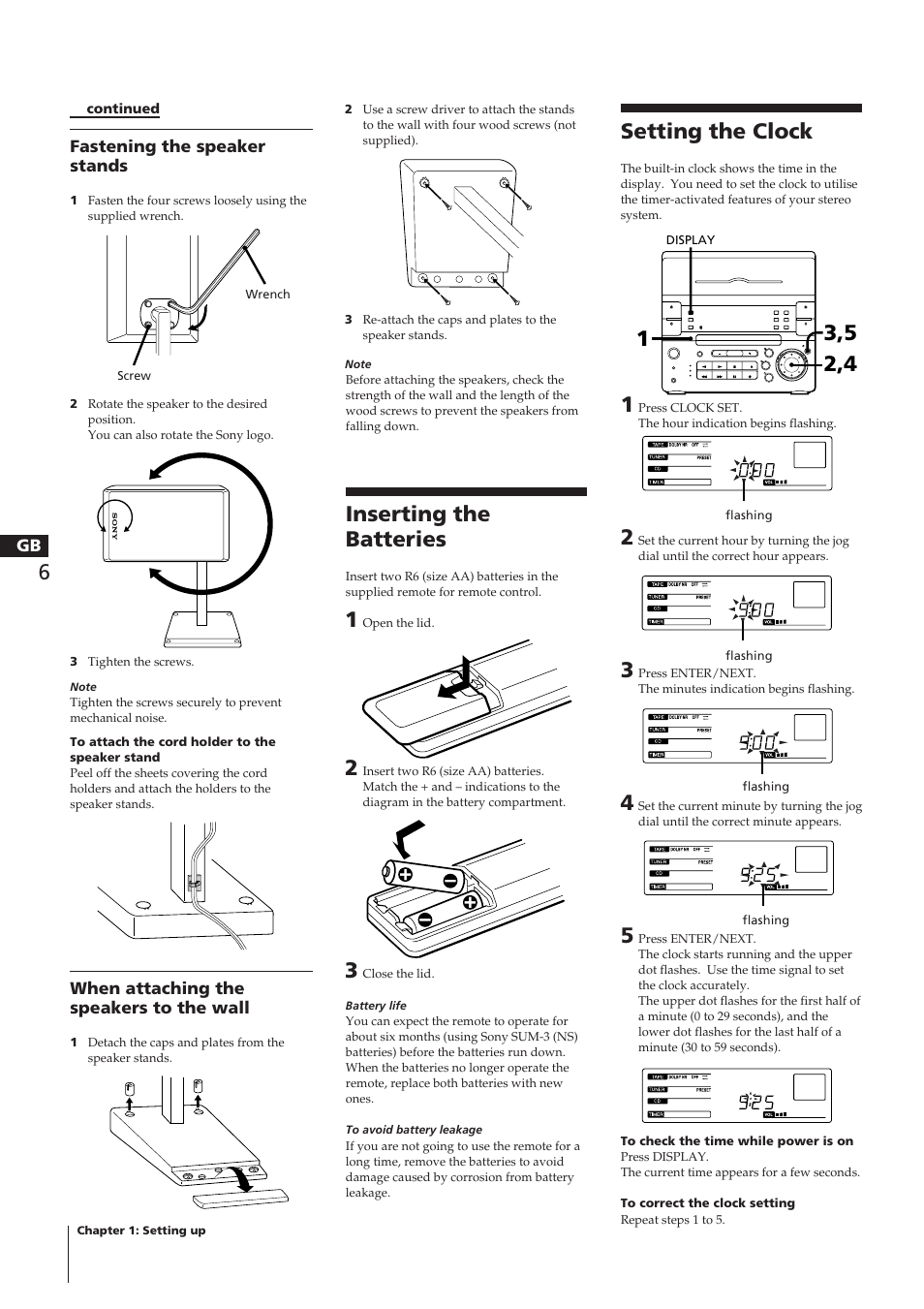 Setting the clock, Inserting the batteries | Sony CHC-P33D User Manual | Page 4 / 33