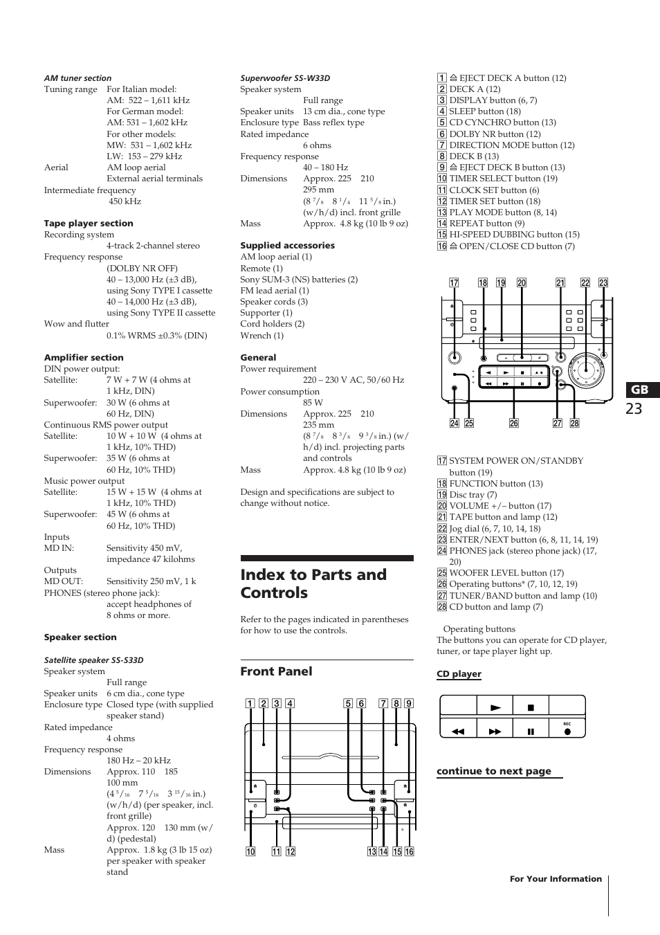 Index to parts and controls, Front panel | Sony CHC-P33D User Manual | Page 7 / 33