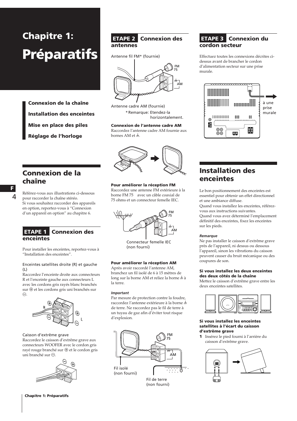 Préparatifs, Chapitre 1, Connexion de la chaîne | Installation des enceintes | Sony CHC-P33D User Manual | Page 9 / 33