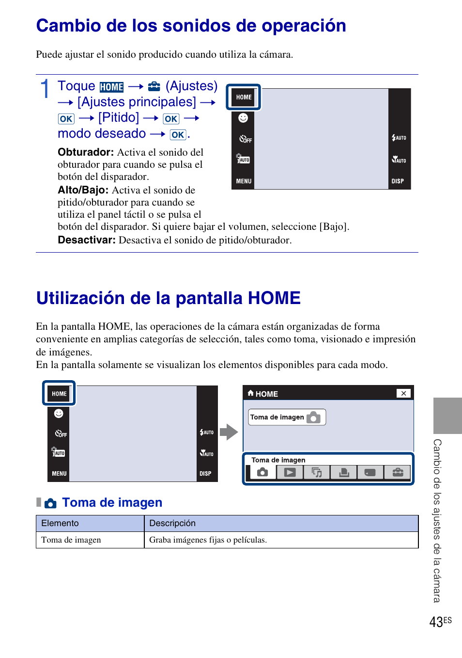 Cambio de los ajustes de la cámara, Cambio de los sonidos de operación, Utilización de la pantalla home | Sony DSC-T90 User Manual | Page 101 / 116